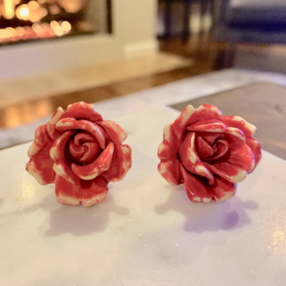 Hand-painted Pink Rose Earrings Clipon - Picture 1 of 3